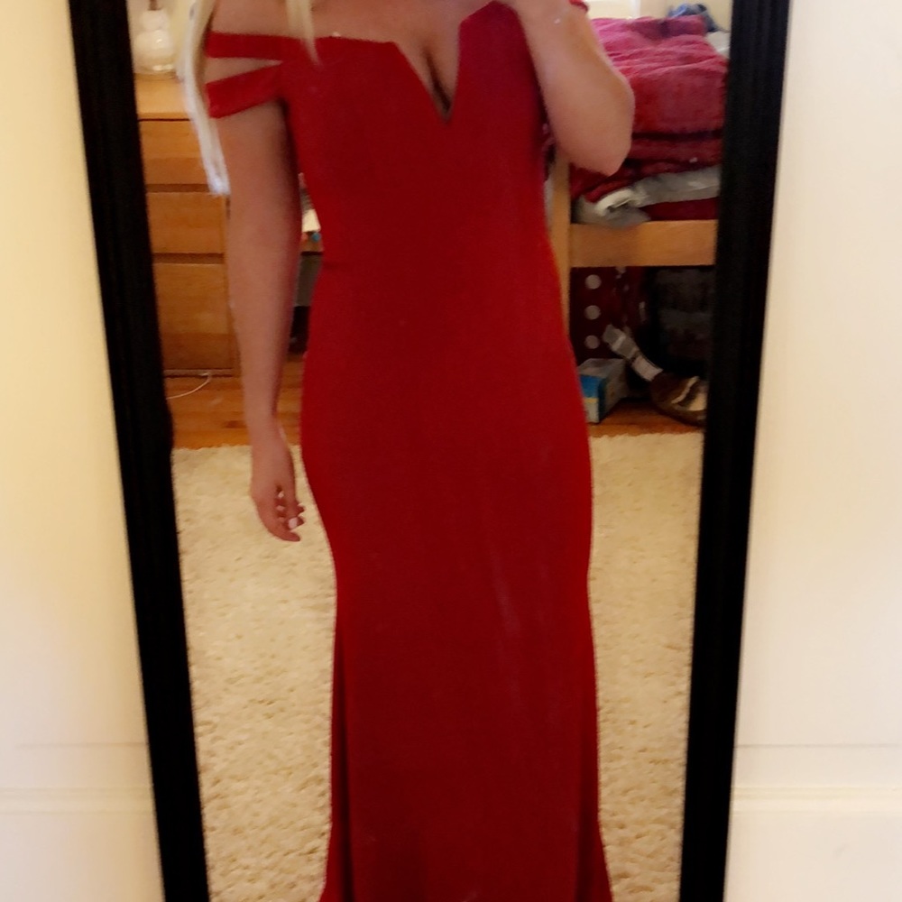 Red floor length off the shoulder dress